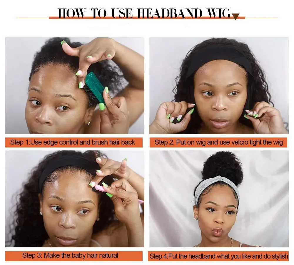 malaysian deep wave Headband wig Human Hair With Free Random Bands No Gel Glueless Remy 10-24inch 200% curly human hair wig