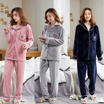 

5XL Women Larger Size 2 Pcs/Set Warm Winter Sleepwear Velvet Pajamas Set Warm Pyjamas Femme Flannel Pj Home Wear Women Thick Pij