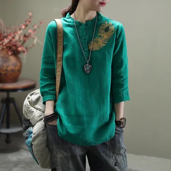 

Summer Blouse Retro Women Loose All-match Tops 2020 New Shirt Stand Button Embroidery Casual Pullovers Blouse Tops