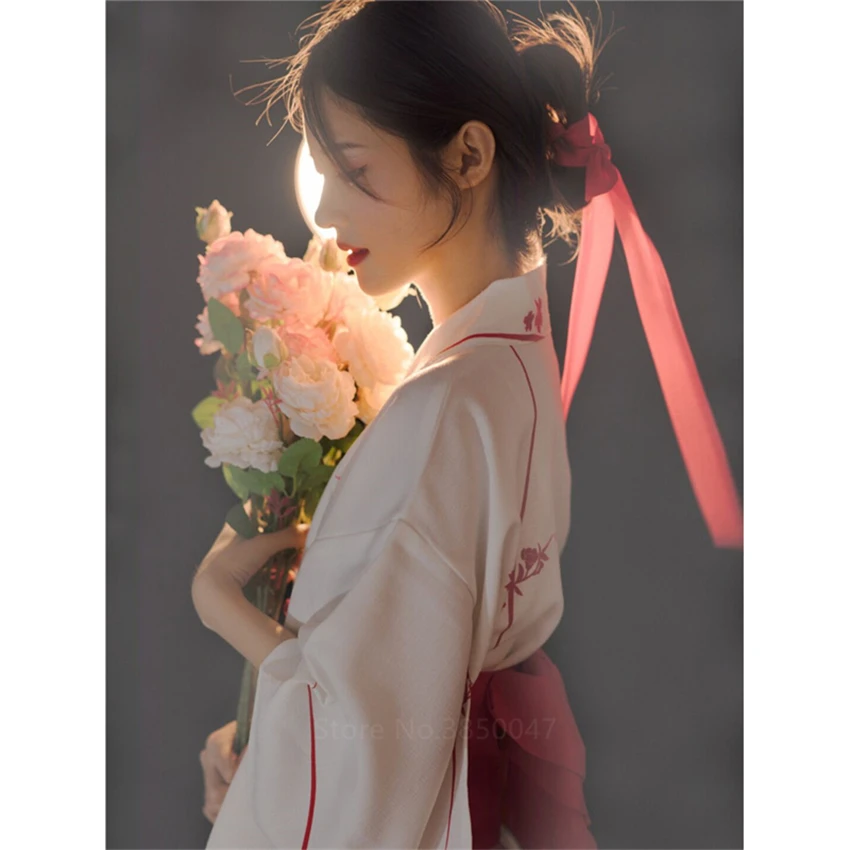 Japanese Kimono Japanese Style Traditional Kimono Casual Samurai Women Ladies Geisha White Haori Yukata Bowknot Loose Clothes