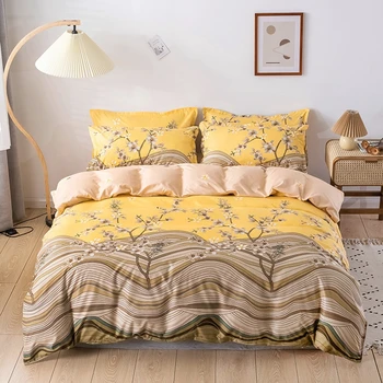 

Home Textile Bedding Sets 5 size Yellow Flowers Summer Bed Linens 3/4pcs Duvet Cover Set Pastoral Bed Sheet AB Side Duvet Cover