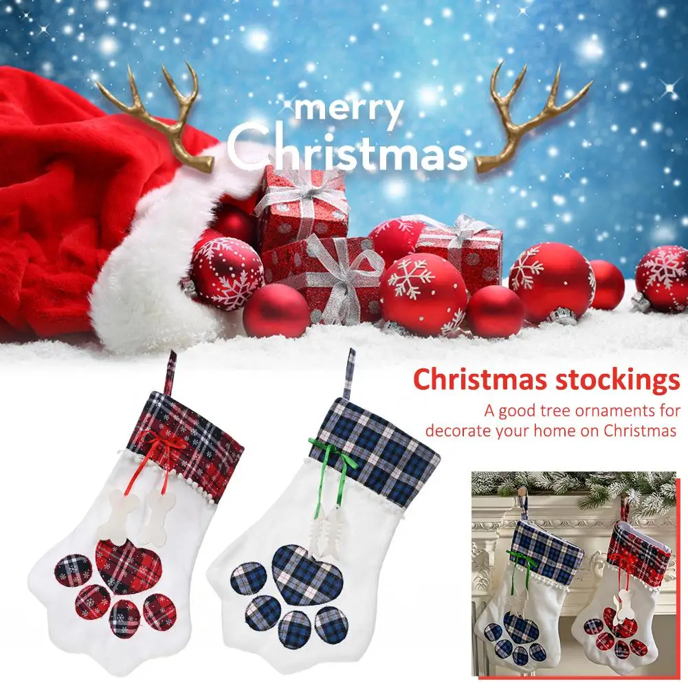 

Christmas Stocking New Year Gift Bag For Pet Dog Cat Christmas Goods Xmas Tree Hanging Ornaments Plaid Santa Socks Candy Bags