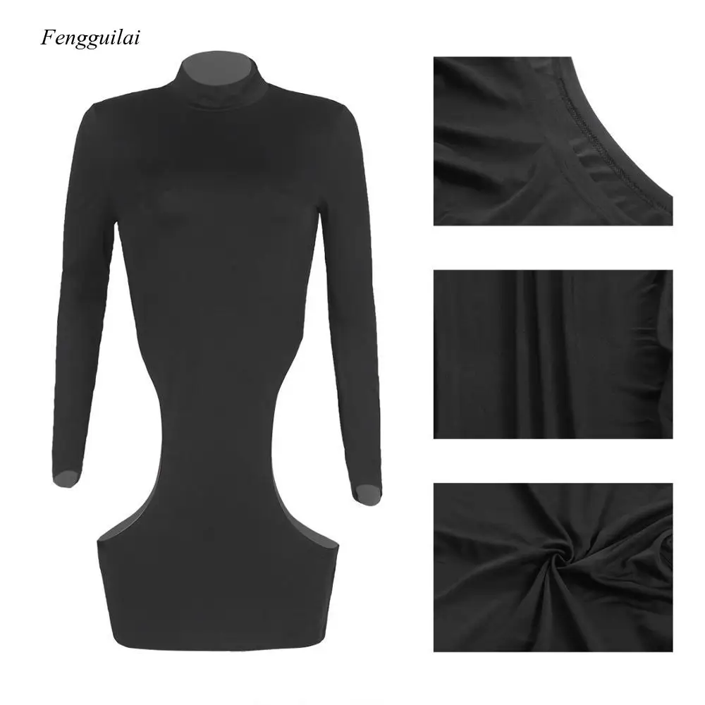 Sexy Hollow Out Pencil Mini Bodycon Beach Dress Women Long Sleeve Turtleneck Side Cut Clubwear Party Women Beach Dress Undress