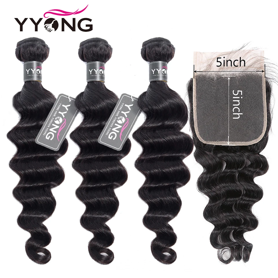 Yyong Hair 3/4 Loose Deep Wave Bundles With Closure 2019 New Peruvian 5x5 Closure With Bundles Remy
