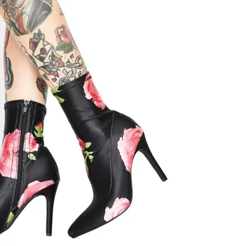 

OLOMLB Womens Pointy Toe Ankle Boots Leather Floral Printed Stilettos High Heel Stretchy Shoes Plus Size 34-48 Black Sexy New