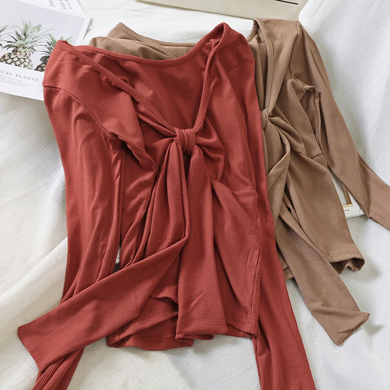 

sexy v neck long sleeve pullover tops t-shirts for women autumn winter tops t-shirt with bow women's t shirt clothing tshirt red