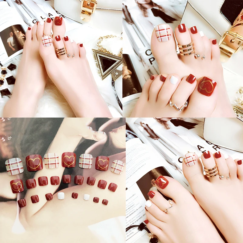 

24 Pieces Fake Nail Finished Foot Nails Toe Nails False Nails Durable Nail Decoration Create Beautiful Foot With Glue
