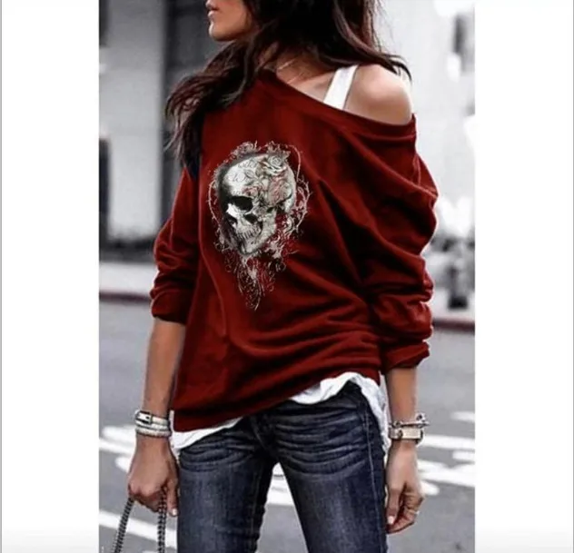 WEPBEL, весна-осень, Женские кофты с длинным рукавом в стиле панк, пуловер с принтом черепа, на одно плечо, футболка с готическим рисунком, топы, S-5XL, 5 цветов - Цвет: Wine Red