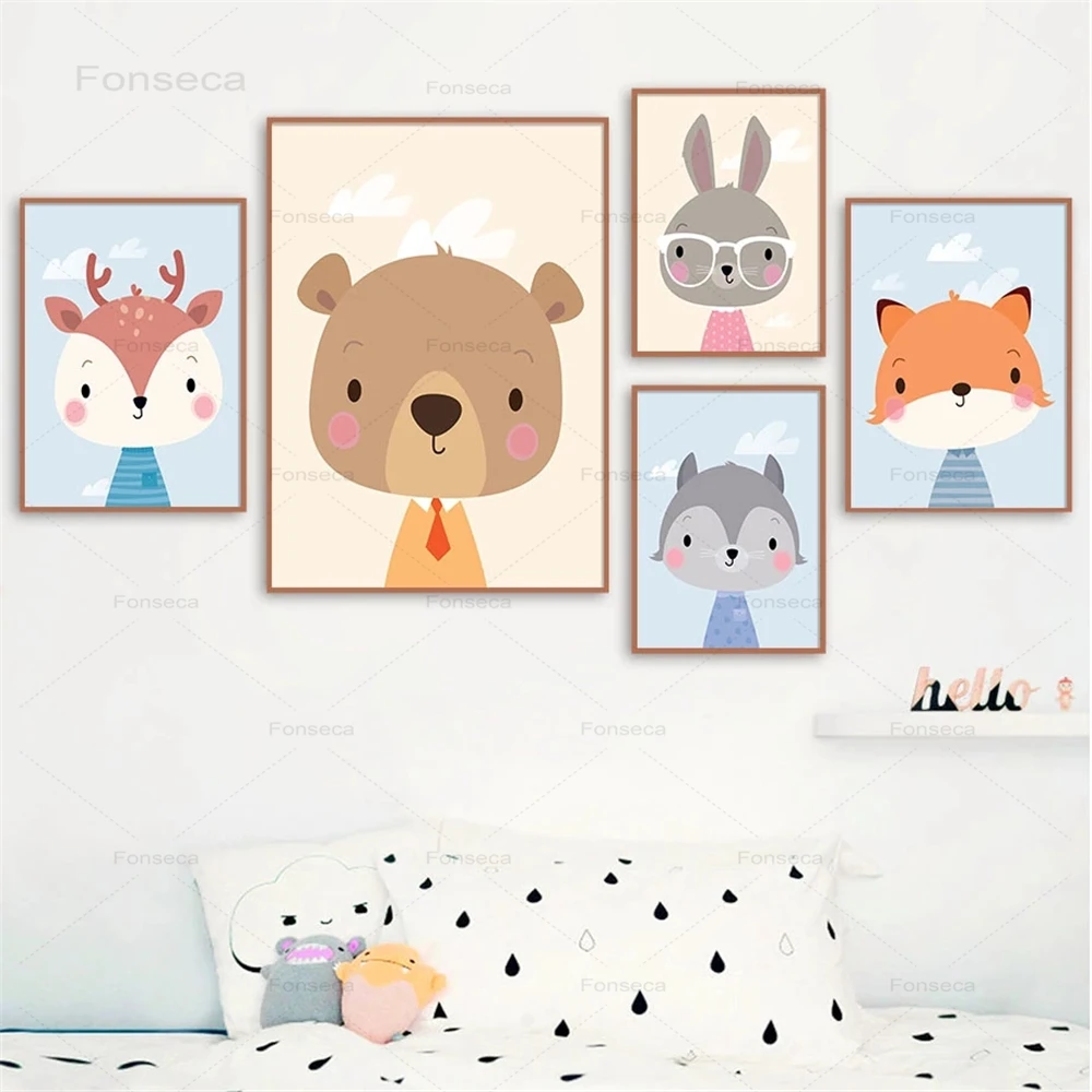 

Cute Fox Raccoon Bear Rabbit Deer Wall Art Canvas Painting Nordic Posters And Prints Animal Wall Pictures Kids Room Decor