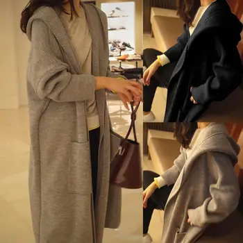 

Autumn Women Solid Color Cardigan Long Sleeve Big Pocket Hooded Tunic Outwear