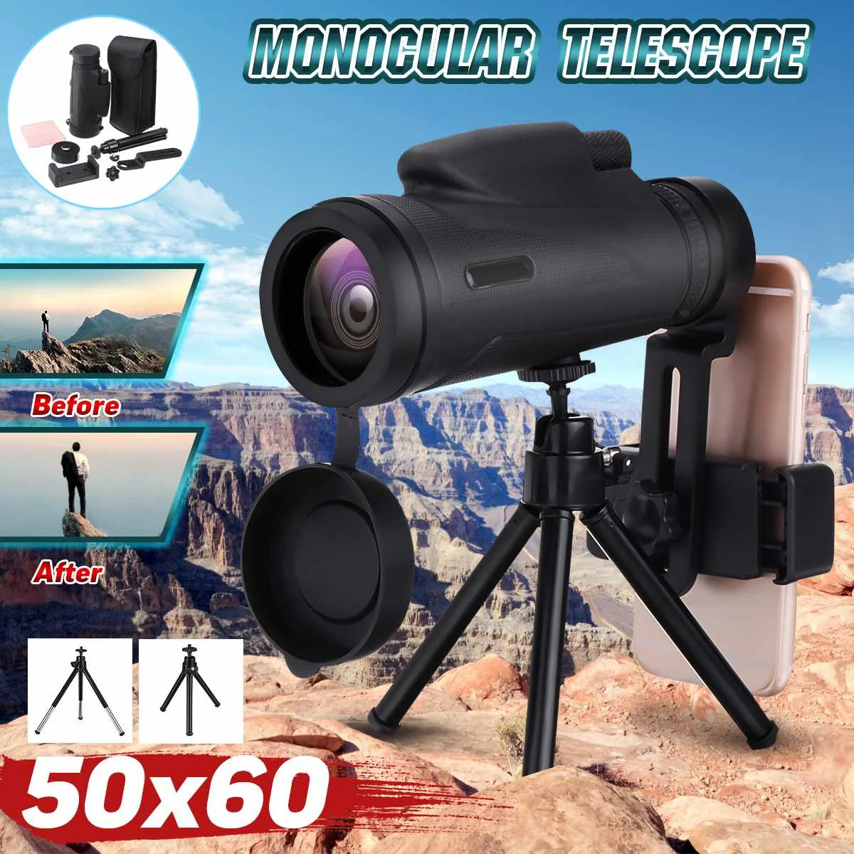 80x100/50x60 Профессиональный Монокуляр мощный телескоп для мобильного военного окуляра ручной объектив охотничья оптика - Цвет: 50x60