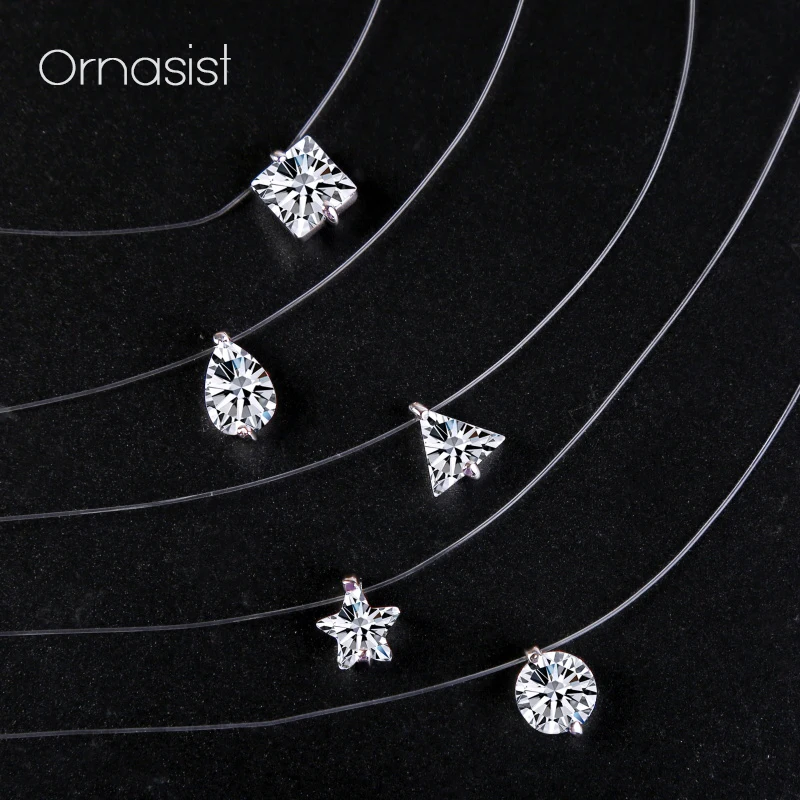 

Transparent Chain Necklace AAA Zircon Invisible Choker Necklaces Women Round Water Drops Triangle Square Stars Pendant Necklaces