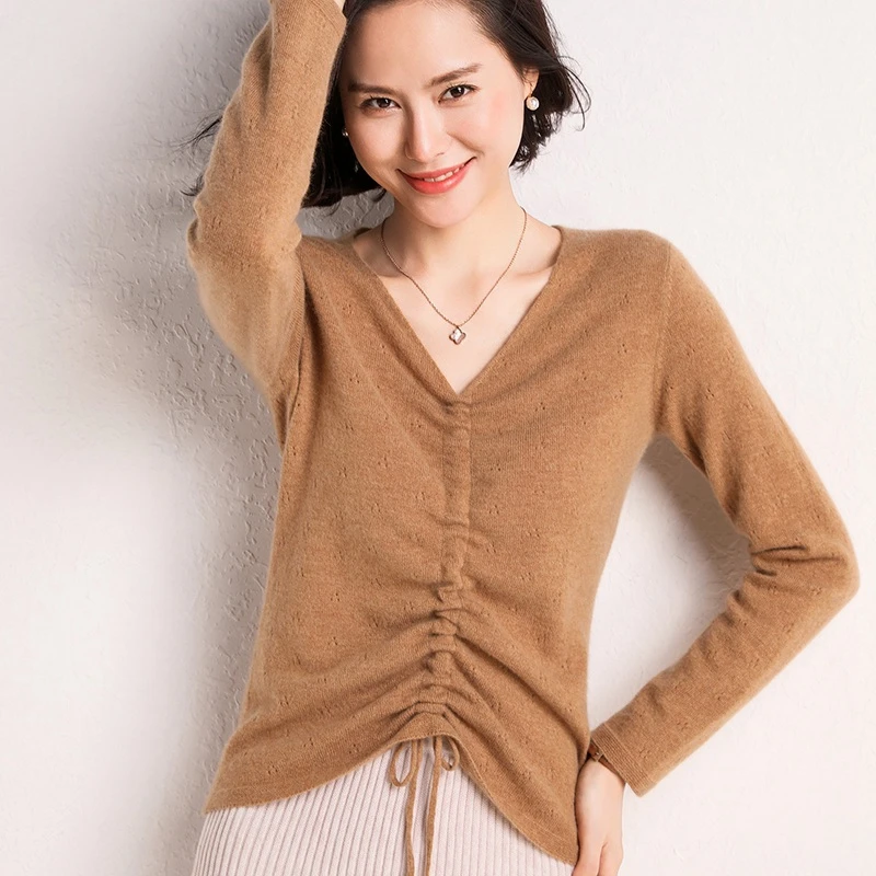 

BELIARST 2019 Autumn and Winter New 100% Pure Cashmere Sweater Women V-Neck Drawstring Pullover Slim Warm Bottoming Sweater