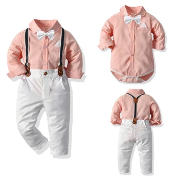 

Autumn Baby Boys Suits Clothing Long sleeved Bodysuit+Overalls Gentleman Dress Suits Toddler Boys Wedding Party Costume