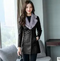 Зимние Женская одежда меховой воротник кожаные пальто; Новинка; плотные зимняя теплая куртка Для женщин PU кожаное пальто женское пальто плюс Размеры - Цвет: black