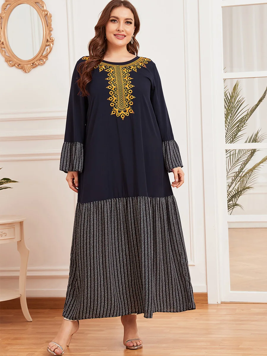 Plus Size S-5XL Dubai Arab Muslim Dress Women Islam Embrodier Patwork Big Swing Maxi Splice Loose Turkish Islamic Clothing | Тематическая