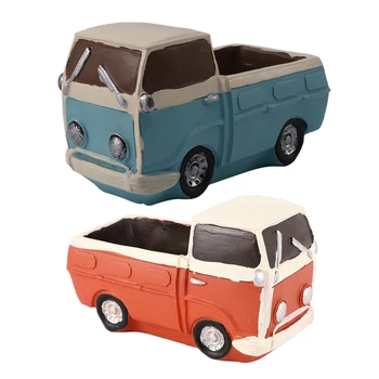 

2x Retro Truck Cars Small Potted Plant Desktop Truck Cars Ceramics Flower Pots Home Garden Decoration Blue & Orange