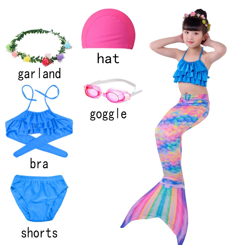 ; комплект из 3 предметов на Хэллоуин; детский купальник с хвостом русалки и шортами для девочек; платье для плавания с топом для девочек - Цвет: 6pcs with blue-K