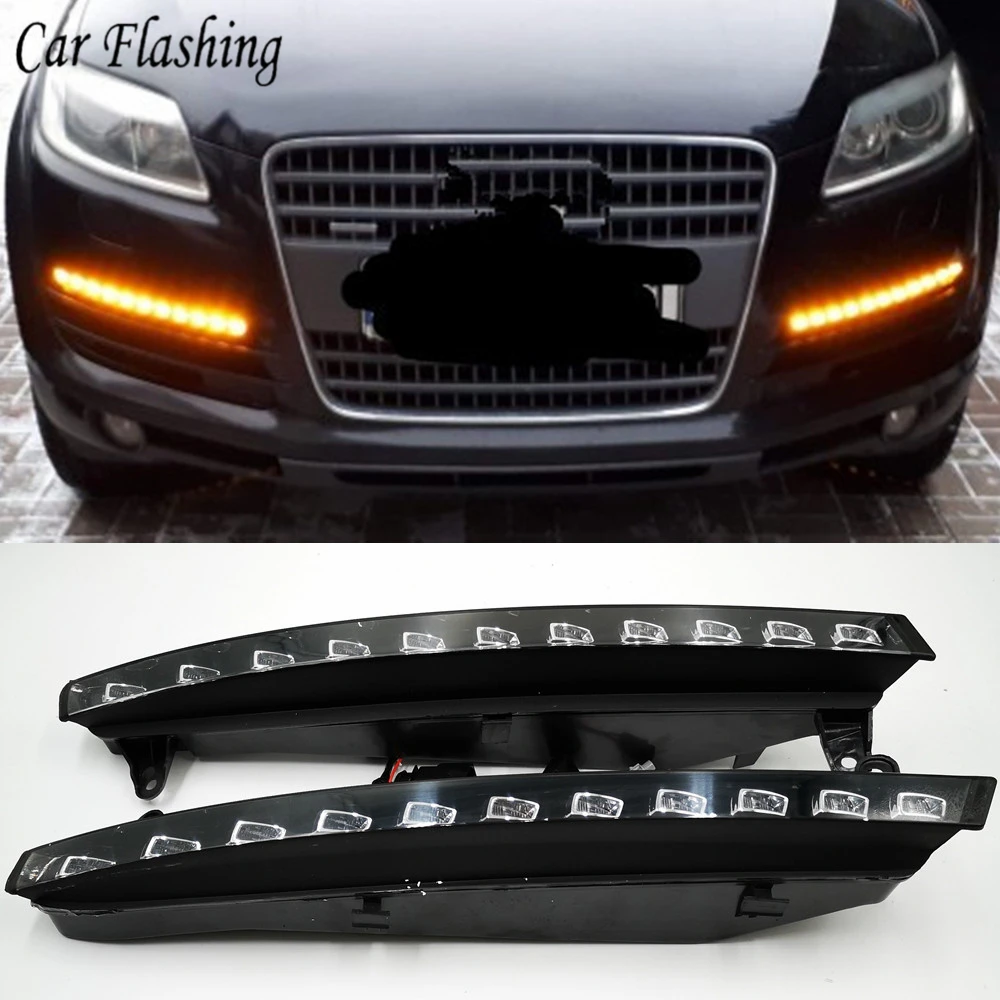 Автомобильные мигающие дневные ходовые огни для Audi Q7 2006 2007 2008 2009 светодиодный ные ходовые огни, противотуманные огни с желтым сигналом пово...