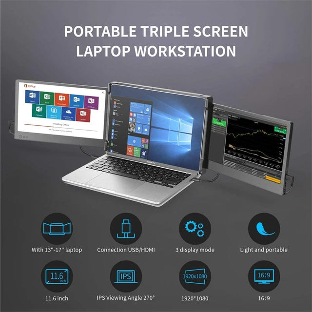 Trio: el monitor portátil de pantalla dual y triple para llevar, pantalla  IPS Full HD 1080P, alimentación USB A/Tipo, compatible con Mac, PC