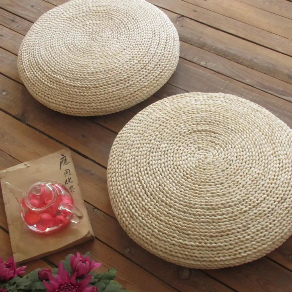 Handcrafted Eco-friendly Straw Woven Dia. 40cm Seat Pouf Yoga Meditation Mat