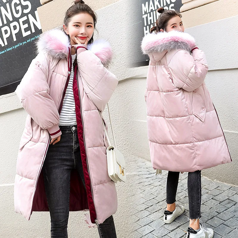 

2018 Winter Mixed Colors Large Fur Collar Hooded down Jacket Cotton-padded Clothes Gold Velvet down Coat Loose-Fit Padded Coat