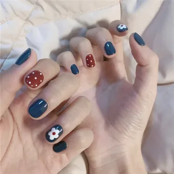 

New 24 pieces Blue Wave Point Flower Full Cover 3D Fashion with designs Sexy Style Short Fake false Sticker Nails Tips With Glue
