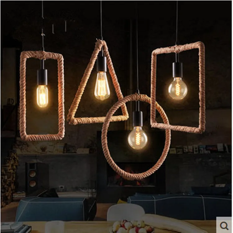 

Hemp Rope Ceiling Lamp Art Creative Lamps Geometry Round Square Restaurant Bar Coffee Shop Iron Droplight