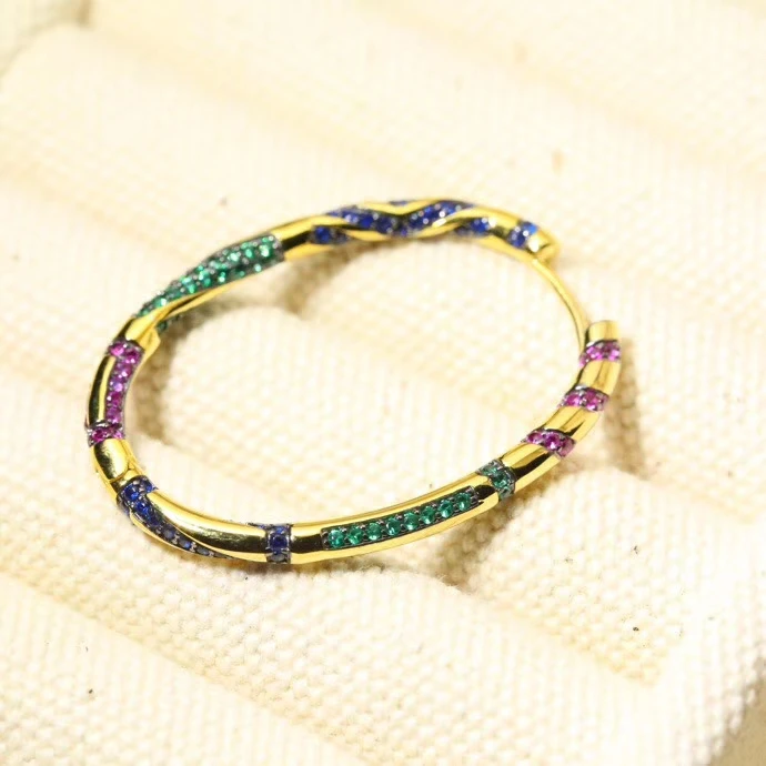 Новинка, Чистое Серебро S925 пробы, ювелирные изделия, цветные кубические циркониевые геометрические большие серьги-кольца, золотые вечерние ювелирные изделия для женщин