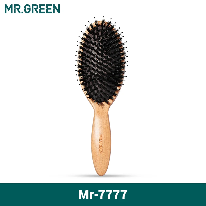 Βούρτσα με τρίχες αγριόχοιρου MR.GREEN από φυσική χτένα οξιάς, βούρτσα για σγουρά, πυκνά, μακριά, στεγνά, βρεγμένα μαλλιά, βούρτσα ξεμπερδέματος_voghion.com