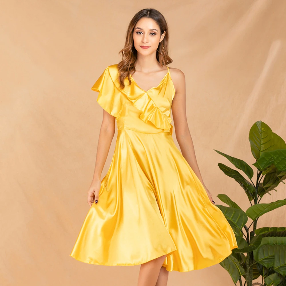 

Women Silk Satin Cocktail Party Dress Knee Length A Line Sling Ruffles Sundress
