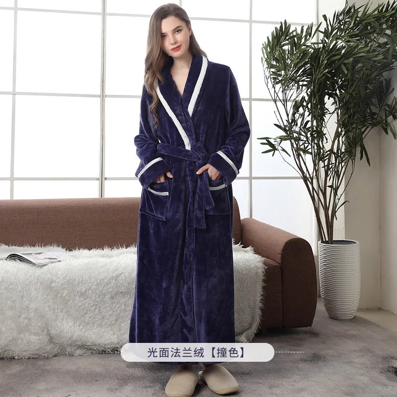 Navy W Couple Pajamas Autumn and Winter Bathrobe Long Thick Flannel Couple Bathrobe Loose Plus Size Pajamas Home Clothes Sleepwear - Цвет: Navy W