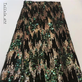 

2019 Nigeria Latest Design Velvet Lace Fabric 5 Yards/pcs High Quality African Lace With Color Sequins For Party Dress