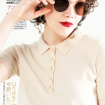 

Summer Women's Loose Knit Turn-down callor Short Sleeve Lapel Shirt Base Thin Half Sleeve pullover