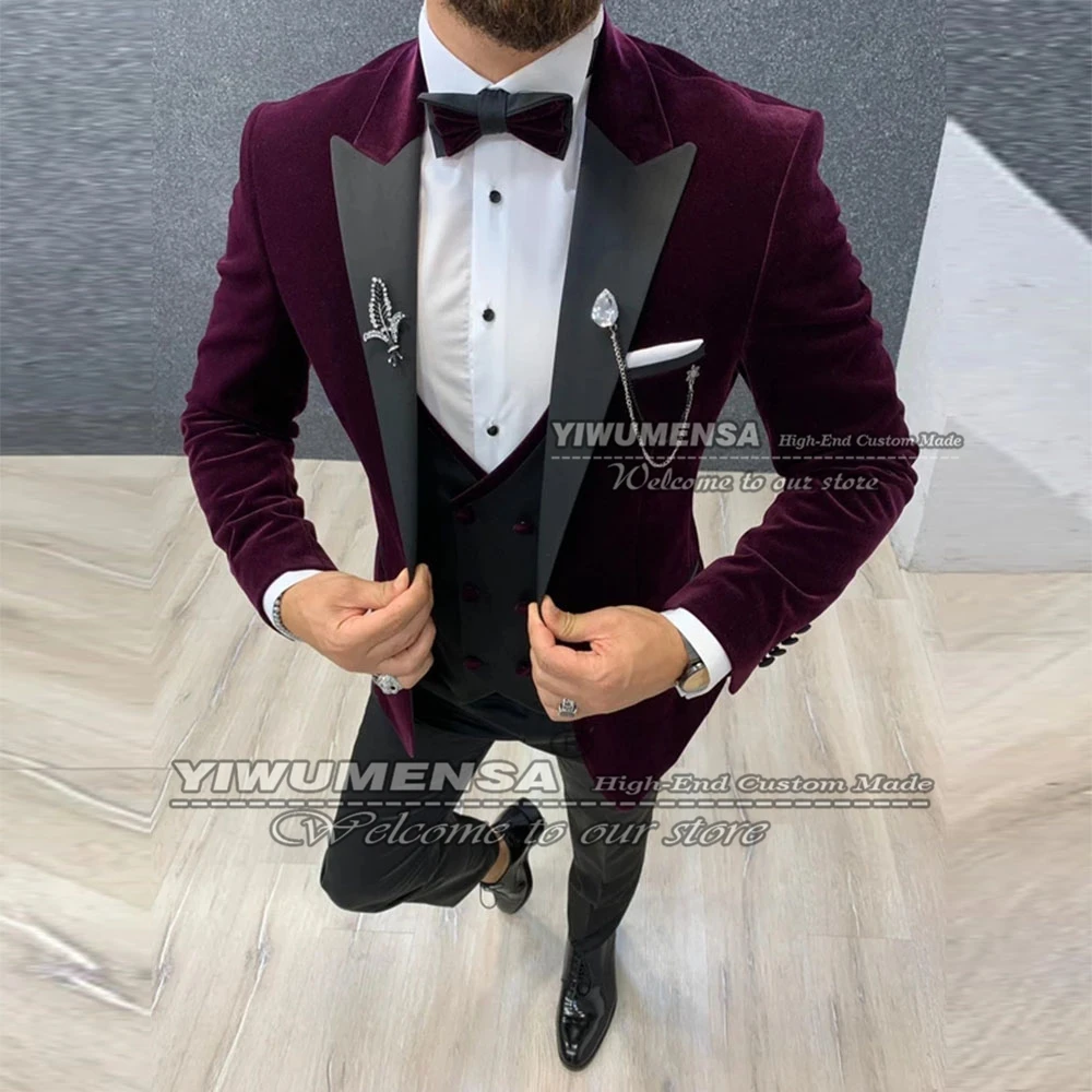 blazer suit Autumn/Winter Men Suits Slim Fit Groom Wear Burgundy Velvet Jacket With Black Notched Lapel+Vest+Pants Business Office Blazer casual blazer