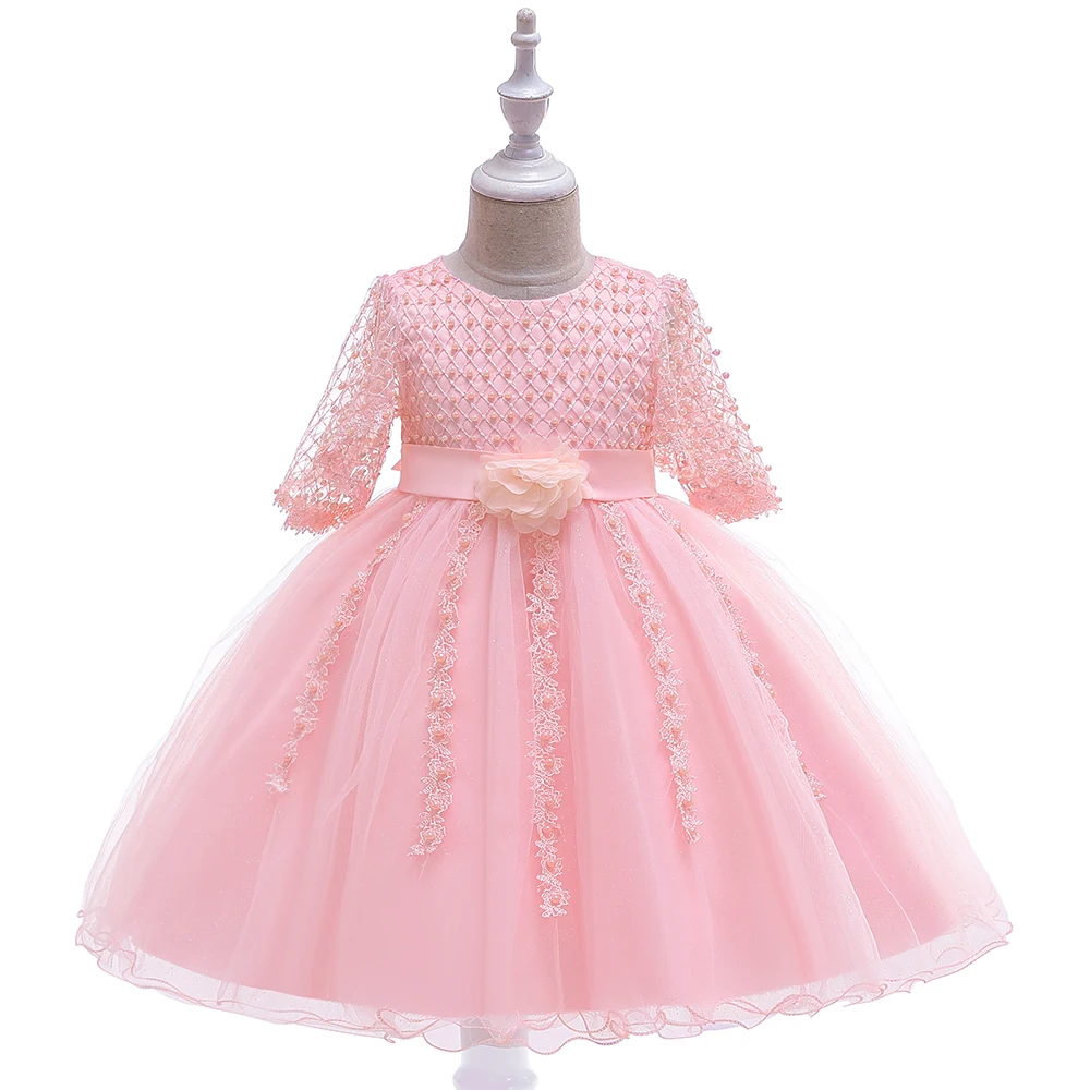 

Flower Wedding Beaded Lace Applique Half Sleeve Dresses for Girls Kids Baby Princess Tutu Dresses Girl Party Clothes Dress L5115
