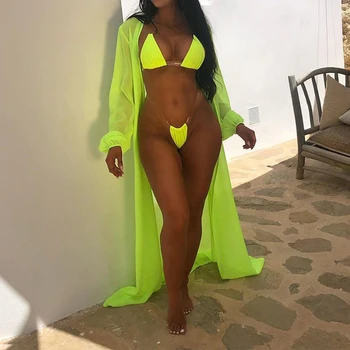 

3PCS/SET Candy Color Chiffon Long Sleeve Beach cover up+bikini set sexy women Dress Tunic Pareos Ladies Kaftan Robe Cover-ups