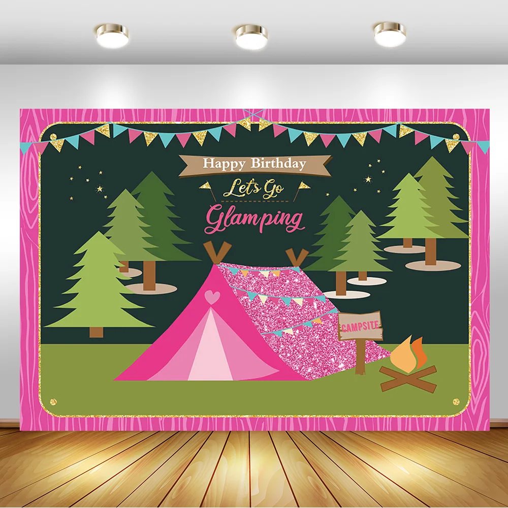 

Camping Birthday Party Backdrop for Photography Tree Tent Campfire Outdoors Jungle Photoshoot Background Cake Table Decorations
