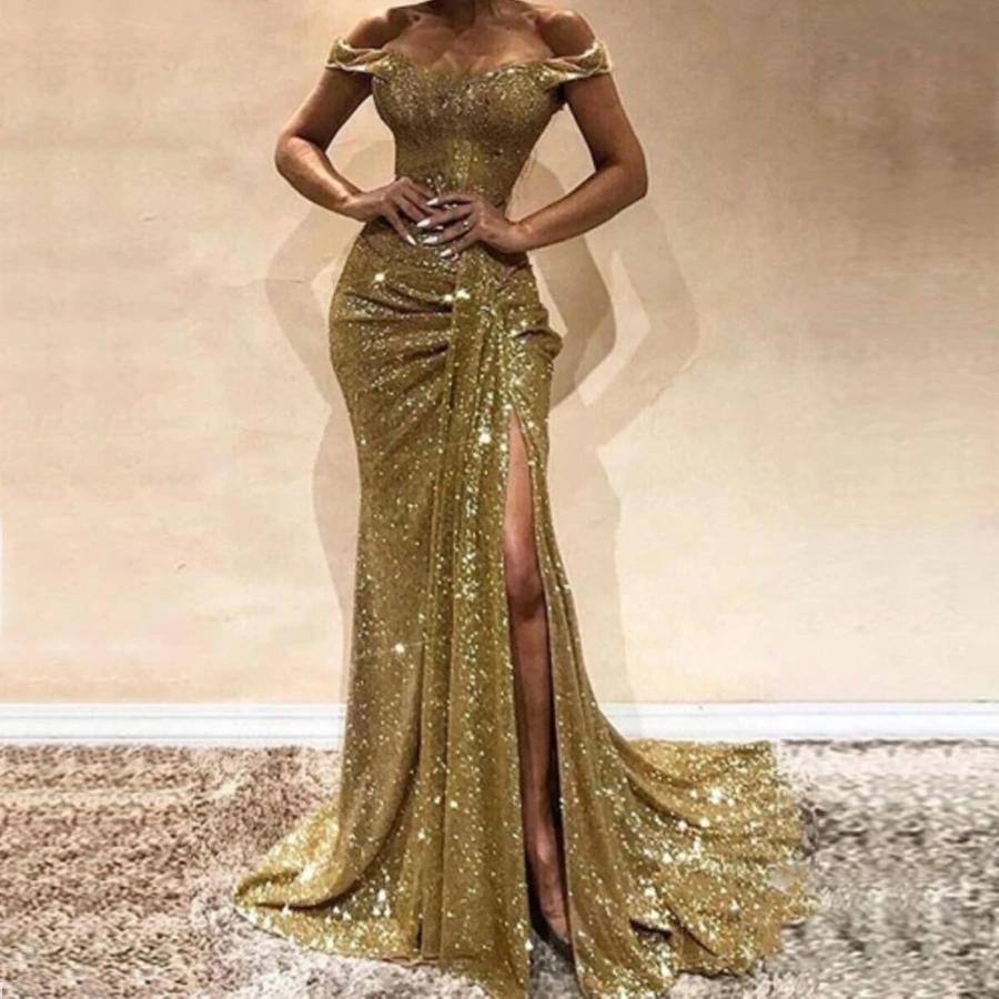 

Women's Formal Long Dresses Off-Shoulder Sleeveless High Waist Sparkling Dress Wedding Evening Party Ball Prom Gown