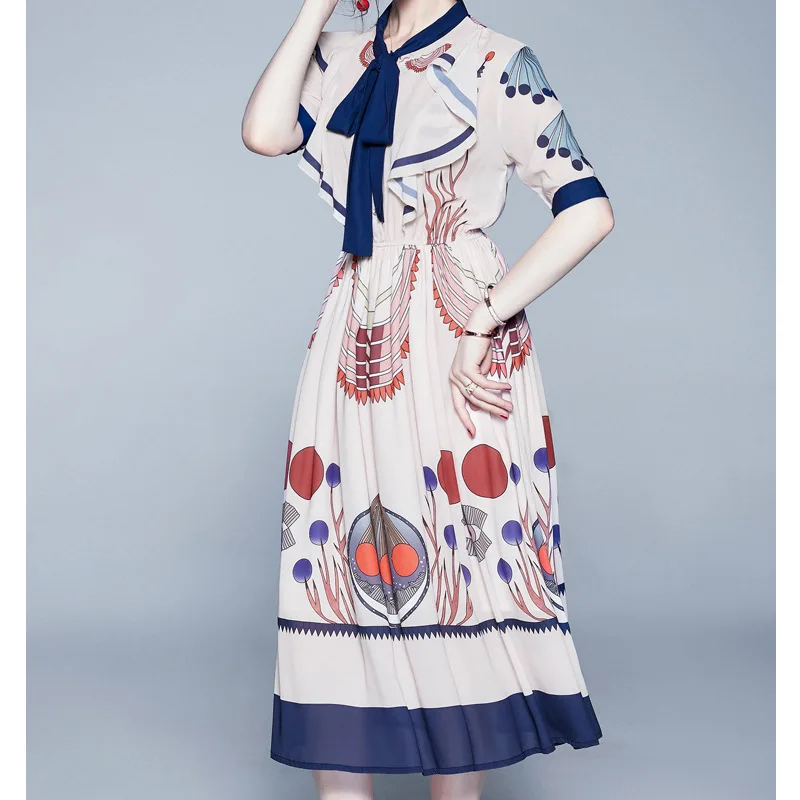 

Summer New Style Europe And America WOMEN'S Dress of LED Short Sleeve Waist Hugging Pleat Medium-length Big Hemline Printed Debu