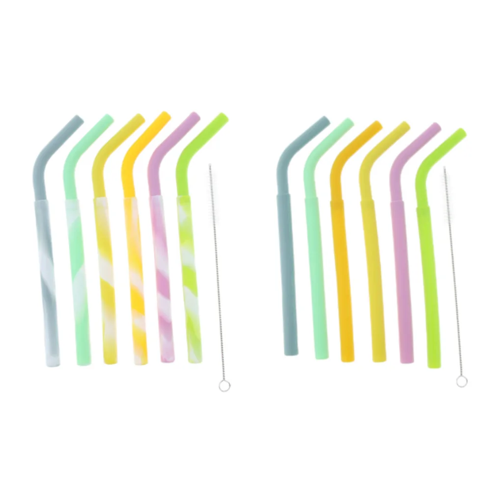 6x BPA Free Silicone Flexible Reusable Straight Bendy Drinking Straws + Cleaning Brush Set