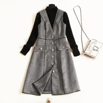 

European and American women's clothing 2019 winter new style Long-sleeved knit sweater V-neck single breasted dress two-piece