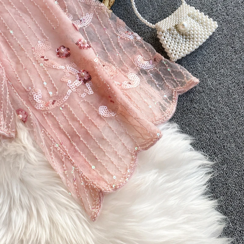 Neploe, Осенний короткий сетчатый топ, Blusas, женская блуза с вышивкой бисером, блуза с блестками, расклешенная, длинный рукав, Круглый ворот, Корейская короткая рубашка 56610