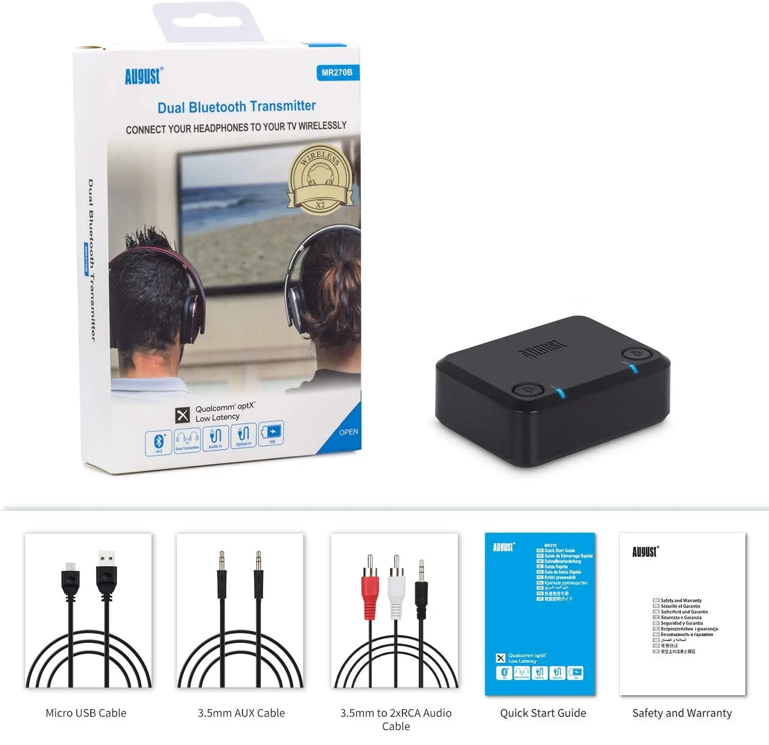 August MR270 Bluetooth Transmitter for TV PC Optical APTX 3.5mm Wireless Bluethooth Audio Adapter for Two Headphones Dual Link