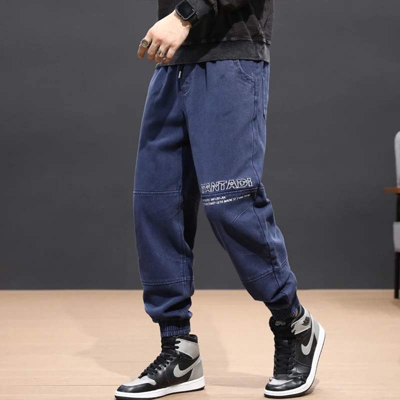 Deals Fashion Streetwear Men Jeans Loose Fit Embroidery Designer Denim Cargo Pants Elastic Waist Hip Hop Jeans Men Harem Pants Joggers