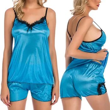 

pyjamas women Set Sexy Satin Pajama Black Lace V-Neck Pyjamas Sleeveless Lovely Cami Top and Shorts pajamas for women пижама