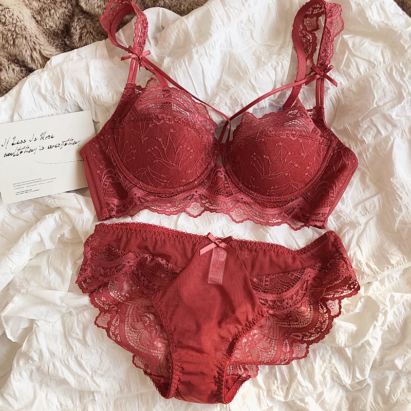 Sexy Spitzen-Tanga-Dessous, gebündelt, für große Brüste, BH-Set, Damen-Push-Up-Unterwäsche mit gepunkteter Schleife und Stahl_voghion.com