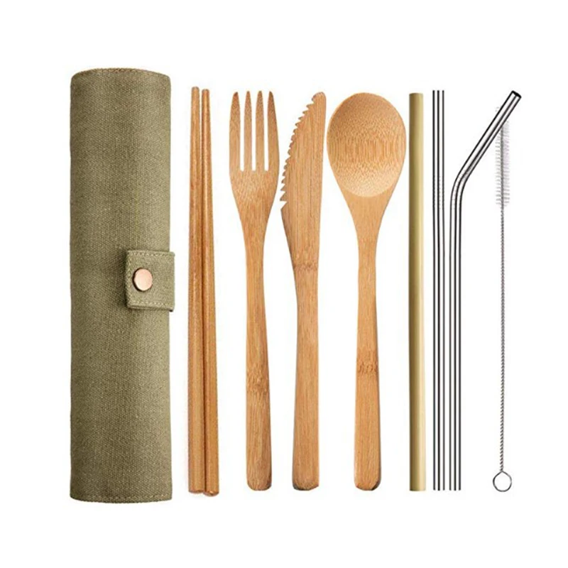 Bamboo Cutlery Set with Cutlery Bag Reusable Wooden Fork Spoon Knife Set Tableware Nature bamboo Travel eco friendly