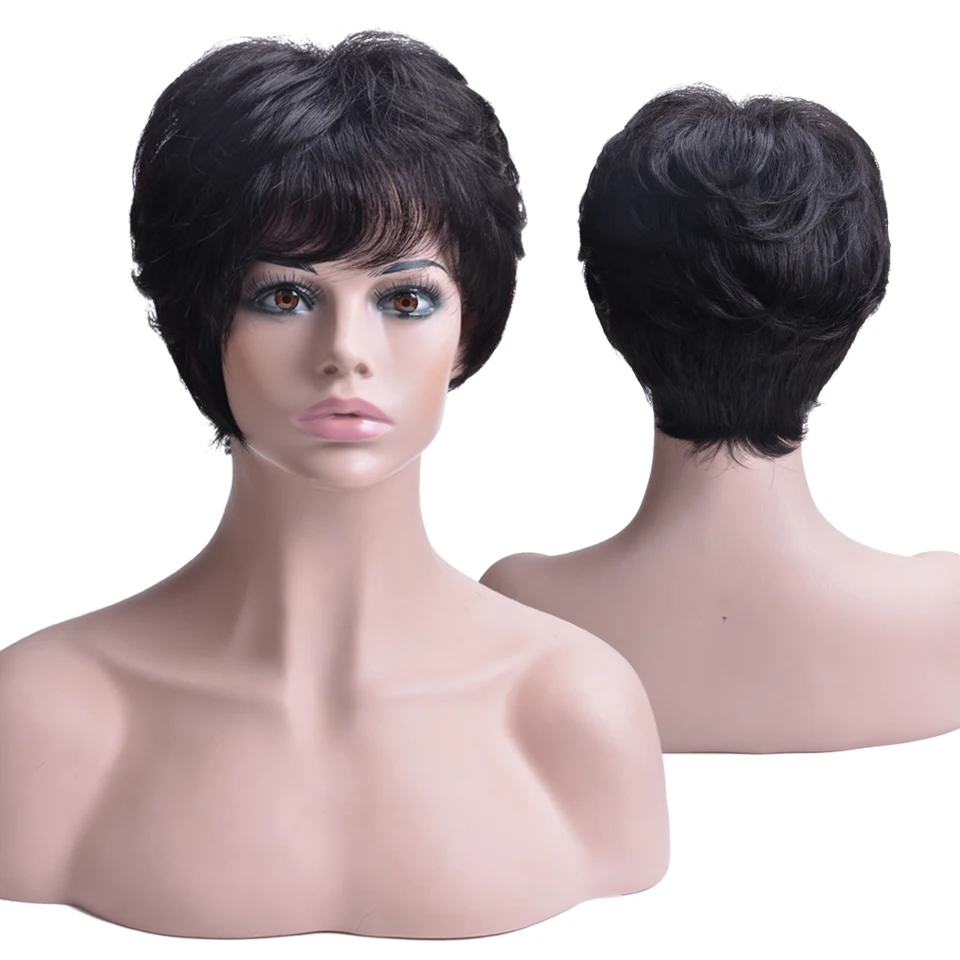 Короткие парики из человеческих волос для черных женщин волнистый парик бразильские волосы remy часть парики с челкой