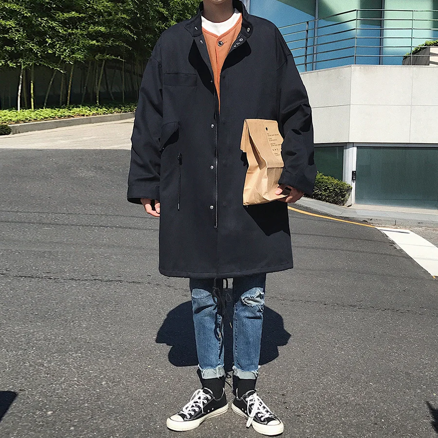 2019 winter mens coat new Hong wind style long collar windbreaker Korean version loose handsome trend Thick section Black
